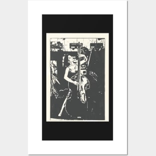 Double Bass time blues black and white Linoprint Posters and Art